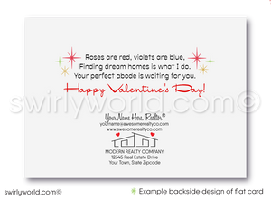 Mid-Century Modern Valentine’s Day Cards for Realtors with Vibrant Desert Scene, Whimsical Hearts
