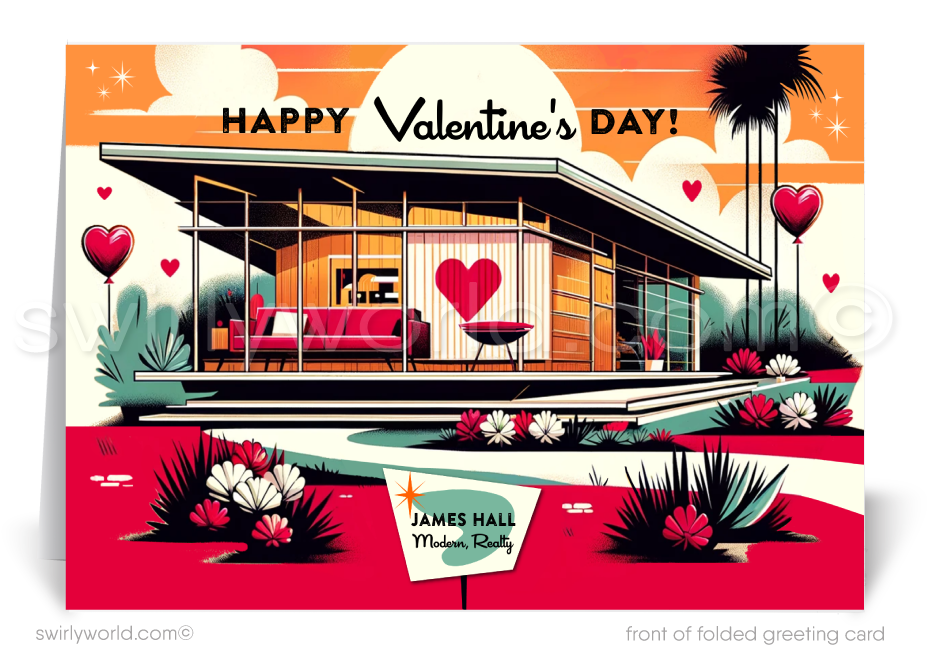 Mid-Century Modern Valentine’s Day Cards for Realtors with Vibrant Landscape, Whimsical Hearts