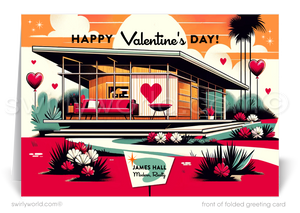 Mid-Century Modern Valentine’s Day Cards for Realtors with Vibrant Landscape, Whimsical Hearts