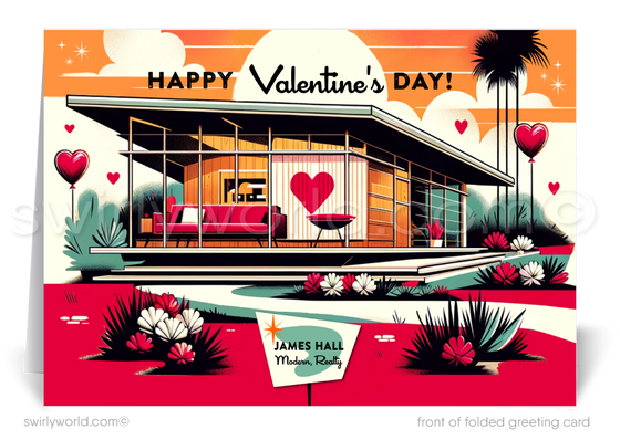 Digital Retro MCM Mid-Century Home Atomic Modern Valentine's Day Cards for Realtors