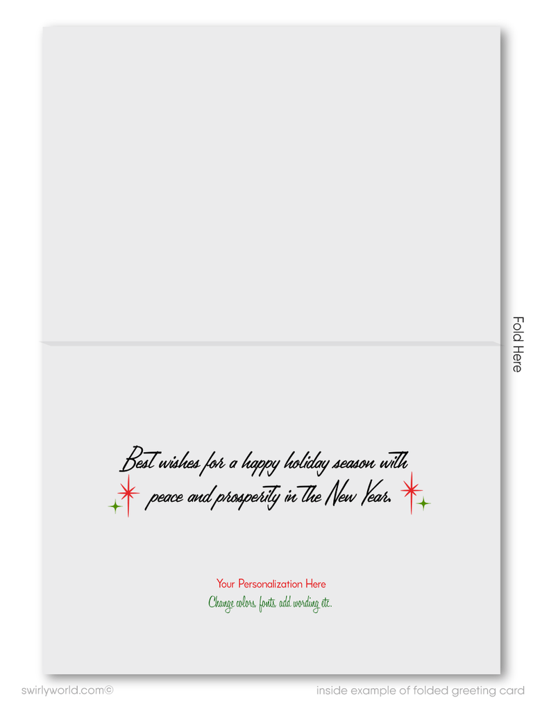 Customizable 1950s Vintage Christmas Card with Santa, Reindeer, and Retro Starbursts