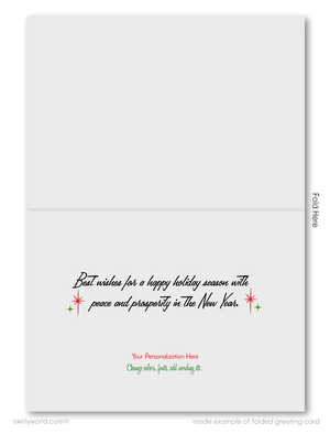 Customizable 1950s Vintage Christmas Card with Santa, Reindeer, and Retro Starbursts