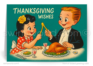 Vintage-style greeting card with a boy and girl at a Thanksgiving table, featuring the text 'Thanksgiving Wishes'.