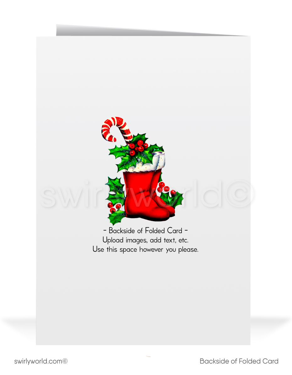 Vintage 1950s Christmas Card – Santa with Sack of Toys & Reindeer, Retro Holly Wreath Mid-Century Holiday Design