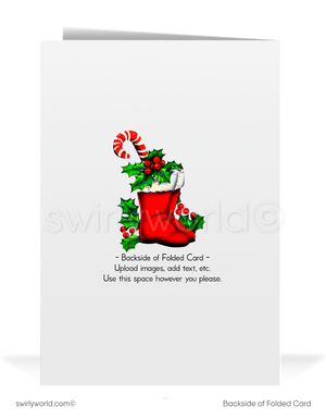 Vintage 1950s Christmas Card – Santa with Sack of Toys & Reindeer, Retro Holly Wreath Mid-Century Holiday Design