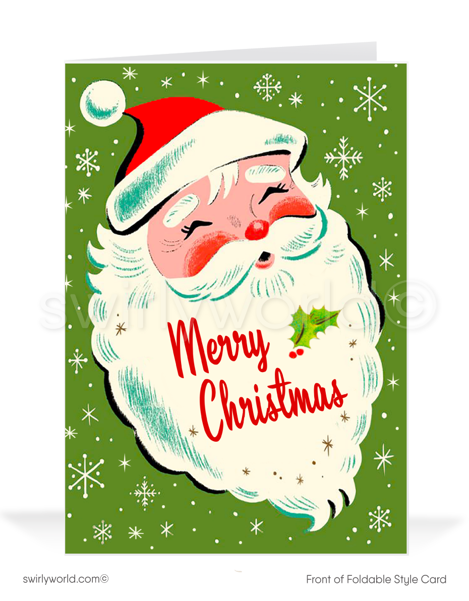 Send vintage holiday cheer with a 1950s-style Santa Claus Christmas card, featuring "Merry Christmas" spelled on his beard. Retro charm and premium quality!