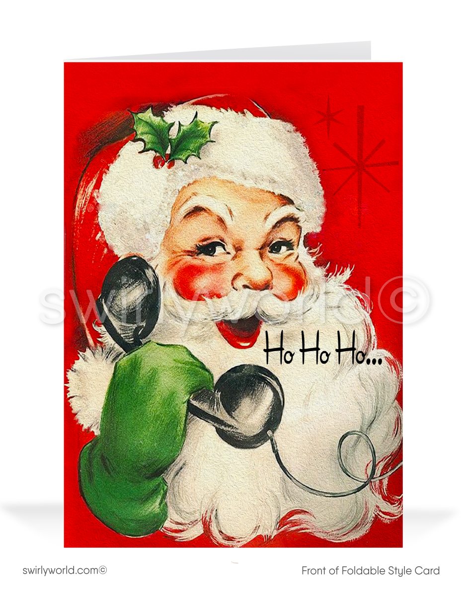 Vintage Christmas Card - Retro Mid-Century Santa Claus on Phone Saying "Ho, Ho, Ho," Premium Holiday Greeting Card