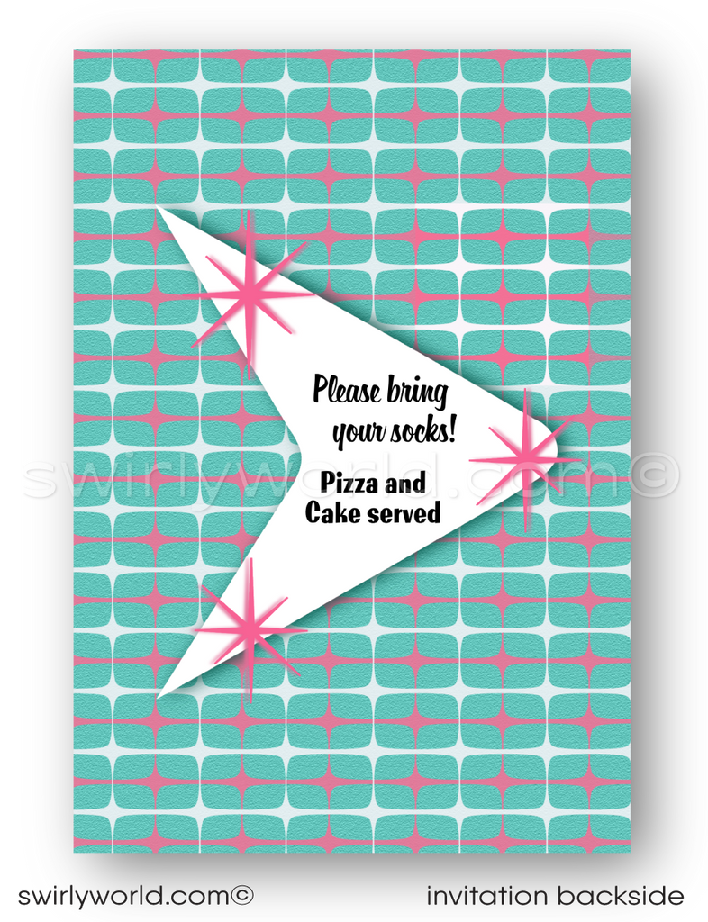 Bowl your guests over with our Atomic Pink and Aqua Blue Retro 1950s "10 Pin" Bowling Alley Themed Birthday Party Invitation Set! Featuring starbursts, sputniks, and boomerang shapes in pink and blue. Customize easily for a unique touch. Includes invites, thank you cards, and envelopes. Perfect for a retro celebration!