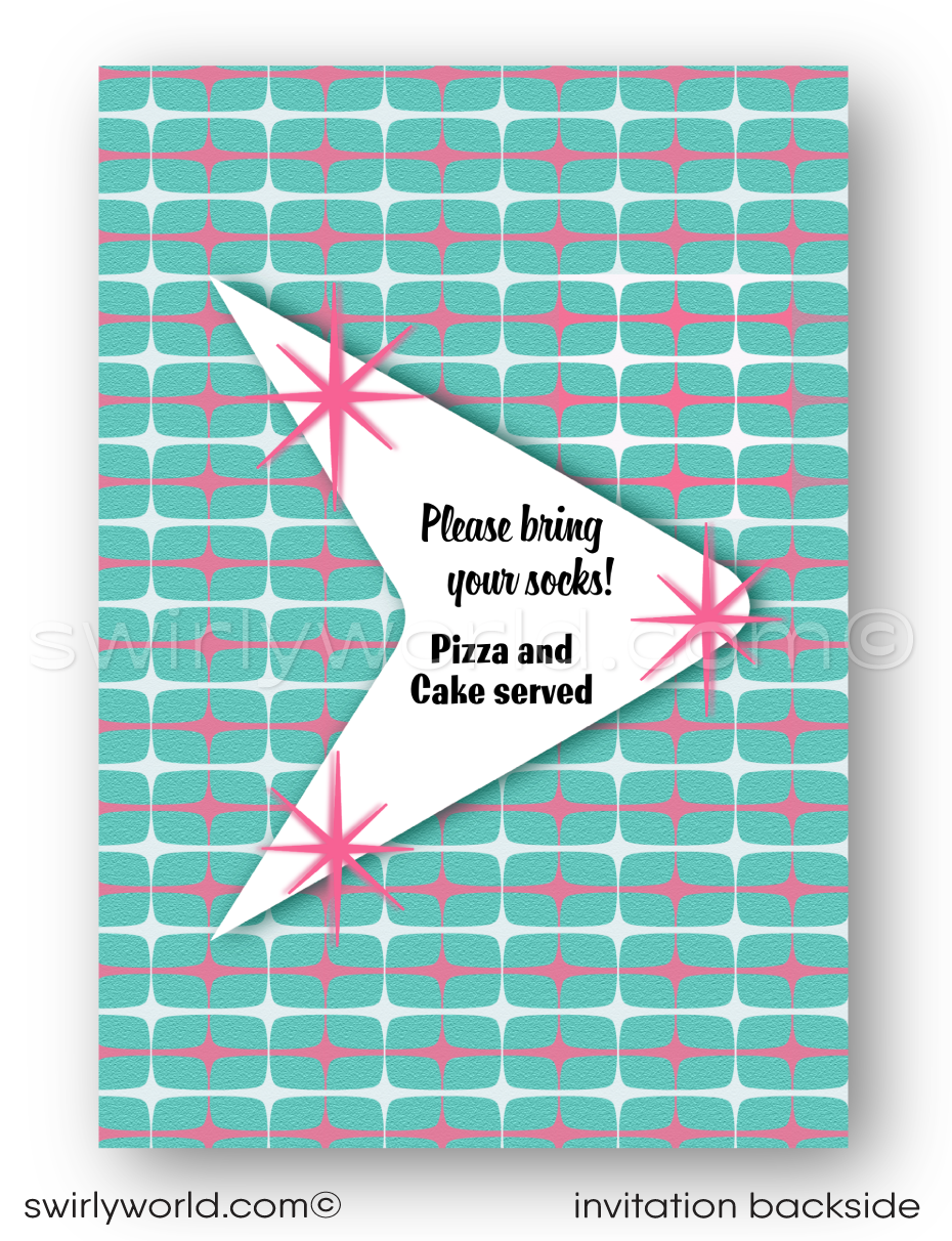 Bowl your guests over with our Atomic Pink and Aqua Blue Retro 1950s "10 Pin" Bowling Alley Themed Birthday Party Invitation Set! Featuring starbursts, sputniks, and boomerang shapes in pink and blue. Customize easily for a unique touch. Includes invites, thank you cards, and envelopes. Perfect for a retro celebration!