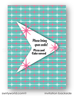 Bowl your guests over with our Atomic Pink and Aqua Blue Retro 1950s "10 Pin" Bowling Alley Themed Birthday Party Invitation Set! Featuring starbursts, sputniks, and boomerang shapes in pink and blue. Customize easily for a unique touch. Includes invites, thank you cards, and envelopes. Perfect for a retro celebration!