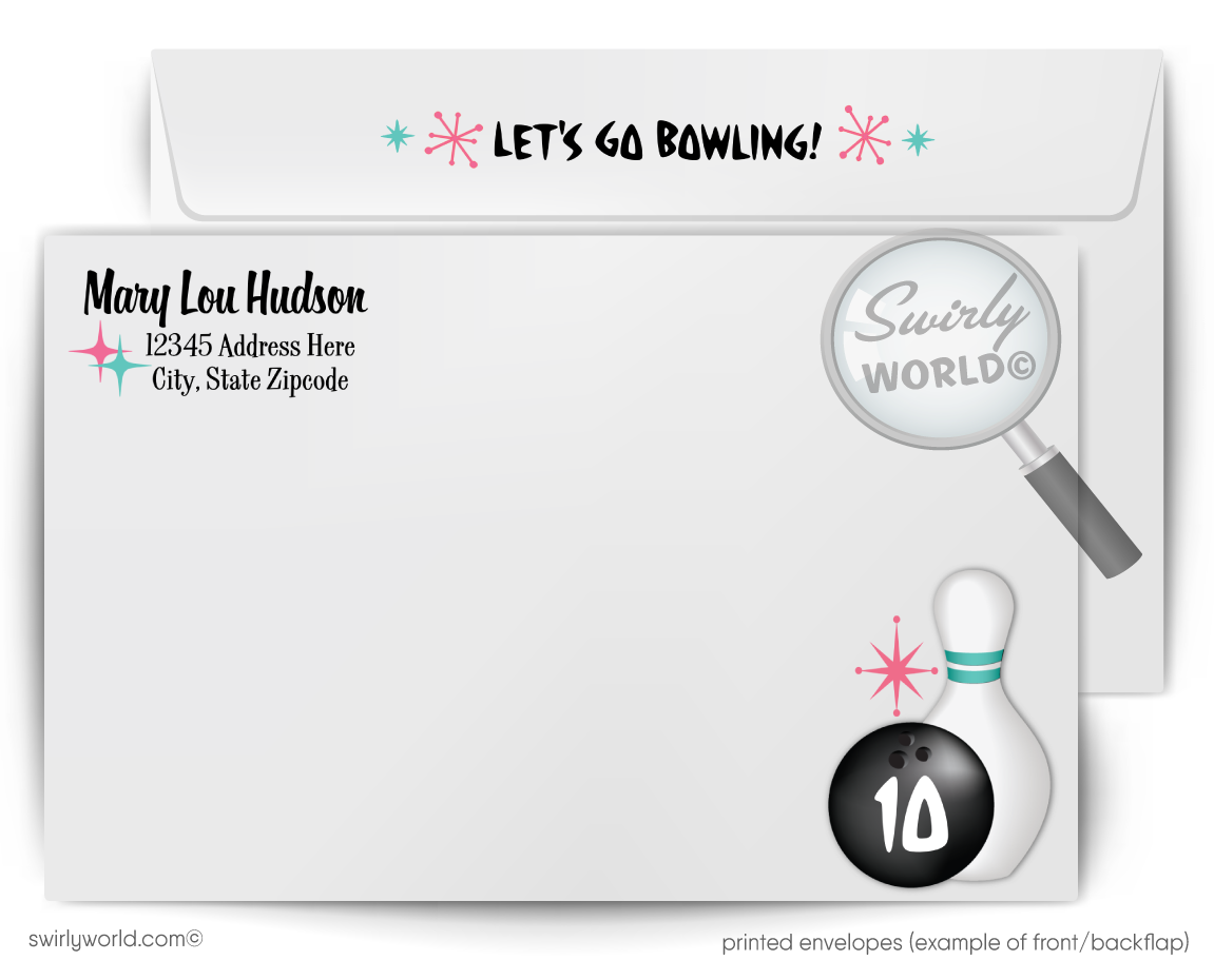 "10 PIN" 1950s Retro Atomic Pink Mid-Century Modern Starbursts Bowling Party Invitations