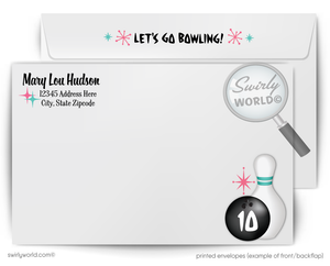 "10 PIN" 1950s Retro Atomic Pink Mid-Century Modern Starbursts Bowling Party Invitations