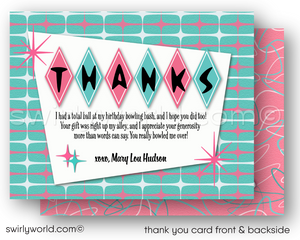 Bowl your guests over with our Atomic Pink and Aqua Blue Retro 1950s "10 Pin" Bowling Alley Themed Birthday Party Invitation Set! Featuring starbursts, sputniks, and boomerang shapes in pink and blue. Customize easily for a unique touch. Includes invites, thank you cards, and envelopes. Perfect for a retro celebration!
