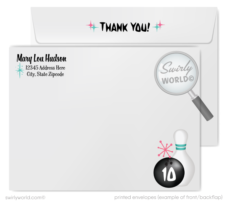 "10 PIN" 1950s Retro Atomic Pink Mid-Century Modern Starbursts Bowling Party Invitations