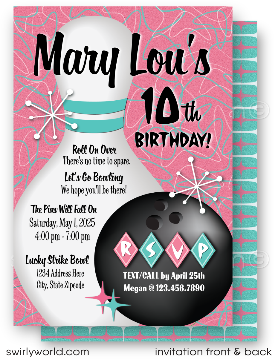 Bowl your guests over with our Atomic Pink and Aqua Blue Retro 1950s "10 Pin" Bowling Alley Themed Birthday Party Invitation Set! Featuring starbursts, sputniks, and boomerang shapes in pink and blue. Customize easily for a unique touch. Includes invites, thank you cards, and envelopes. Perfect for a retro celebration!