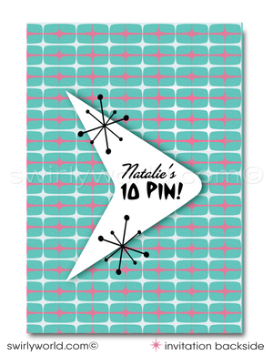 1950s Mid-Century Modern Retro Pink & Aqua Bowling Party Invitation Digital Download