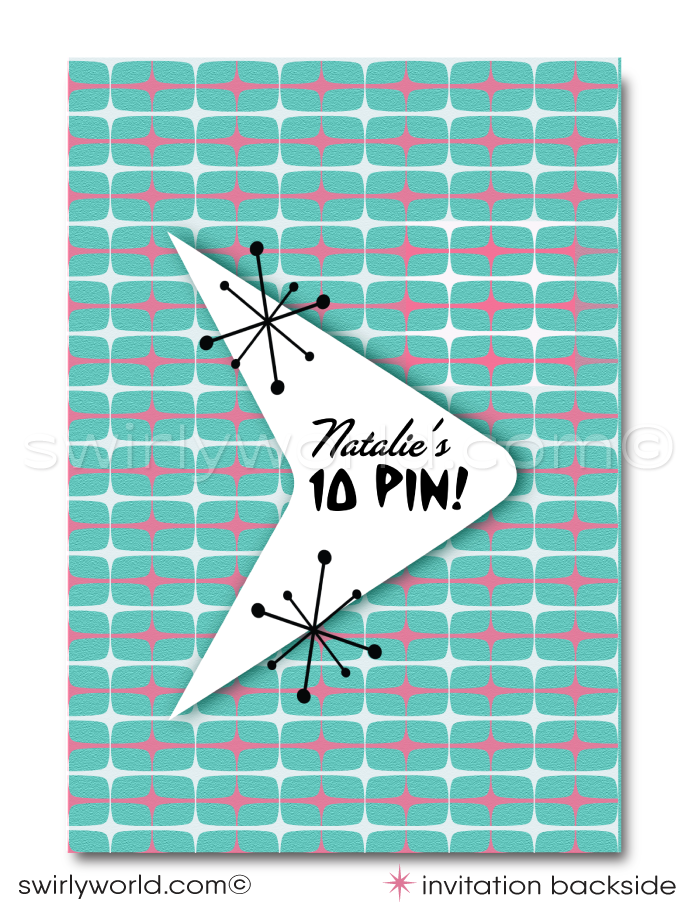 "10 PIN" 1950s Retro Atomic Pink Mid-Century Modern Starbursts Bowling Party Invitations