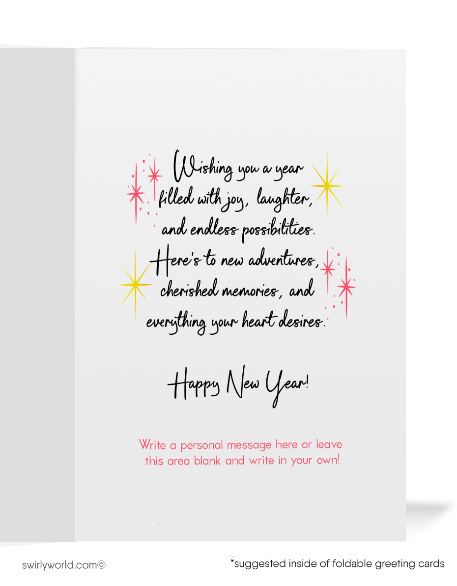 Retro New Year Card – Mid Century Holiday Cards with Vintage Starburst Design & Envelope