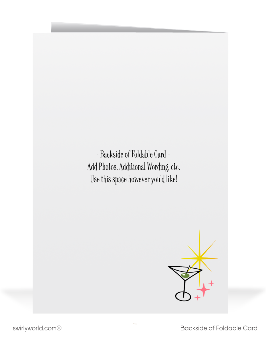 Retro Martini Glass New Year's Greeting Card – Mid-Century Modern Style with Vintage Starbursts and Typography