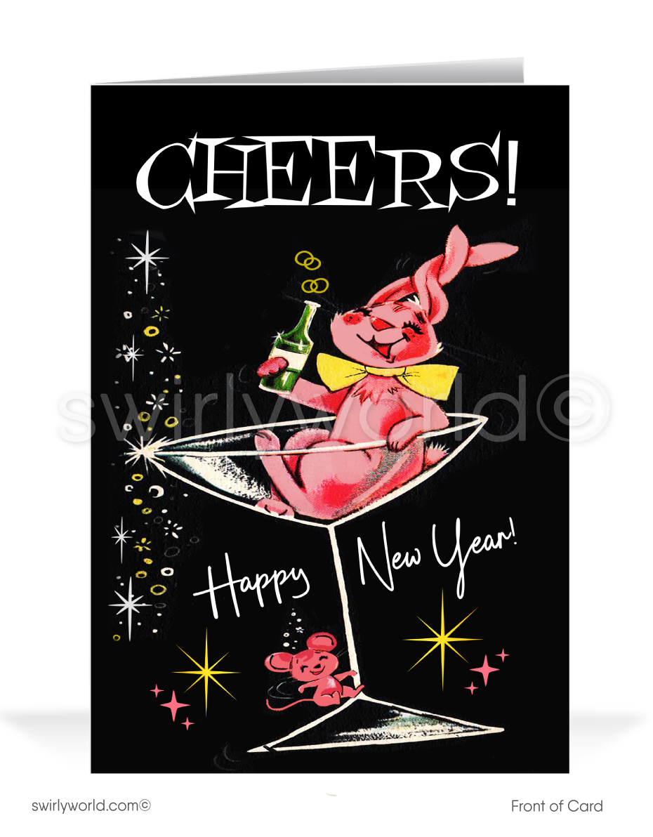 Retro Martini Glass New Year's Greeting Card – Mid-Century Modern Style with Vintage Starbursts and Typography