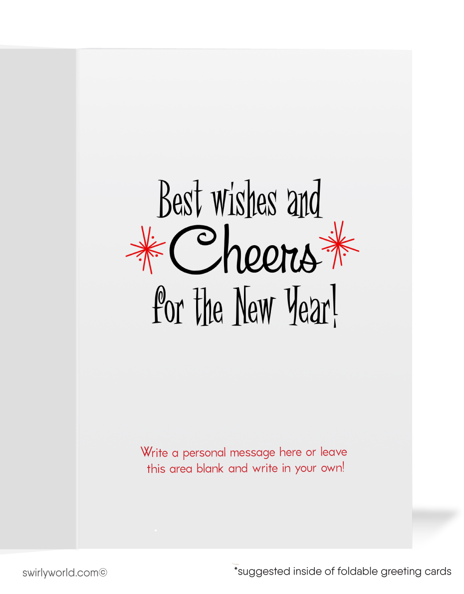 Celebrate New Year's in retro style! Our Vintage Midnight Celebration Card features an anthropomorphic clock, starbursts, streamers, and 1940s-1950s charm.