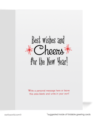 Vintage Midnight Celebration New Year’s Greeting Card with Anthropomorphic Clock, Starbursts, and Retro 1940s-1950s Festive Design