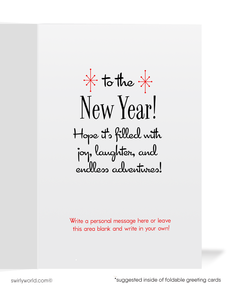 Ring in the New Year with retro elegance! Our Vintage Cherry Champagne Toast Card features stylish glasses, retro cherries, starbursts, and festive mid-century charm.