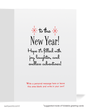 Vintage Cherry Champagne Toast New Year’s Greeting Card with Retro Glasses, Cherries, Starbursts, and Mid-Century Festive Design