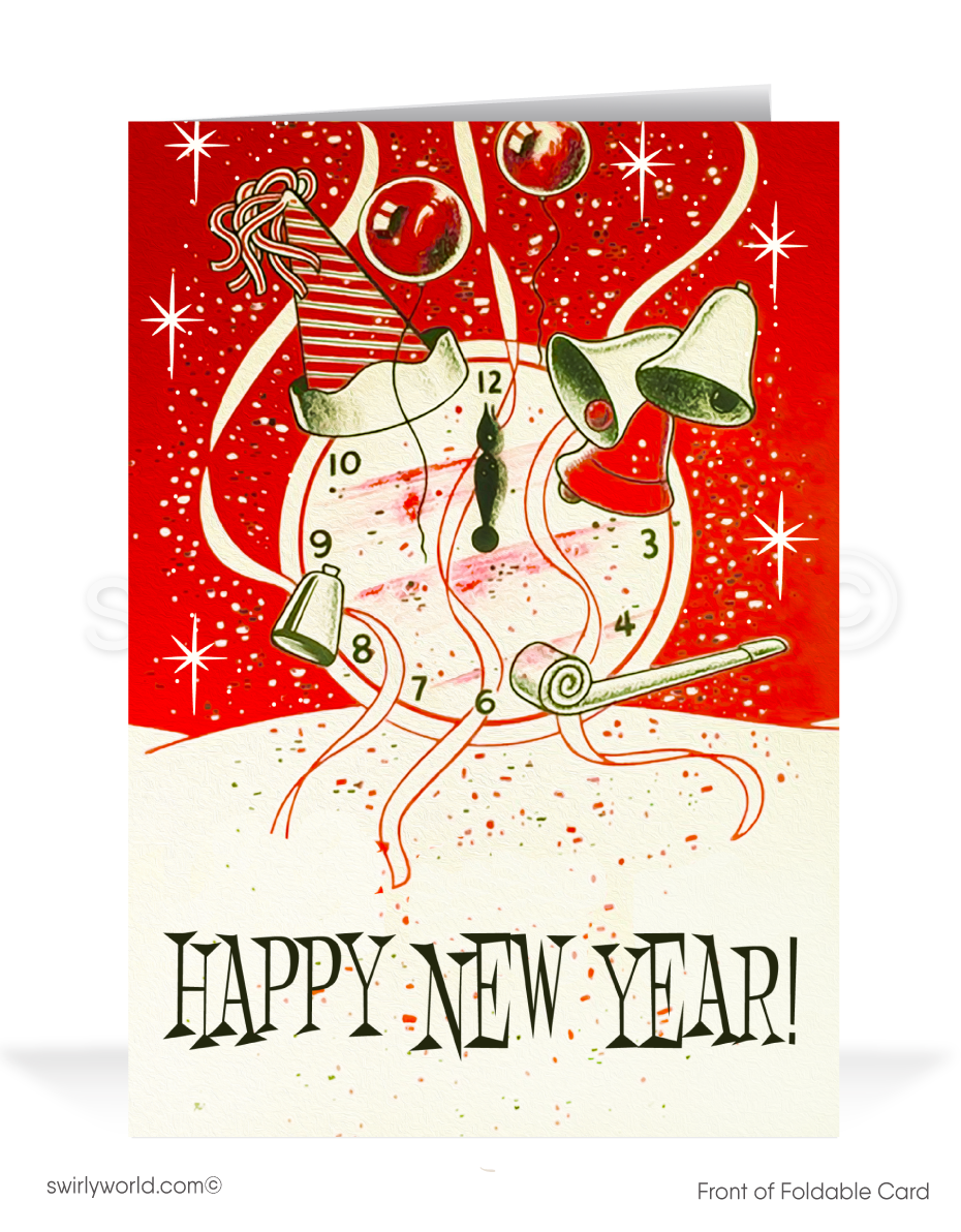 Celebrate New Year's in retro style! Our Vintage Midnight Celebration Card features an anthropomorphic clock, starbursts, streamers, and 1940s-1950s charm.