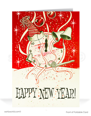 Celebrate New Year's in retro style! Our Vintage Midnight Celebration Card features an anthropomorphic clock, starbursts, streamers, and 1940s-1950s charm.