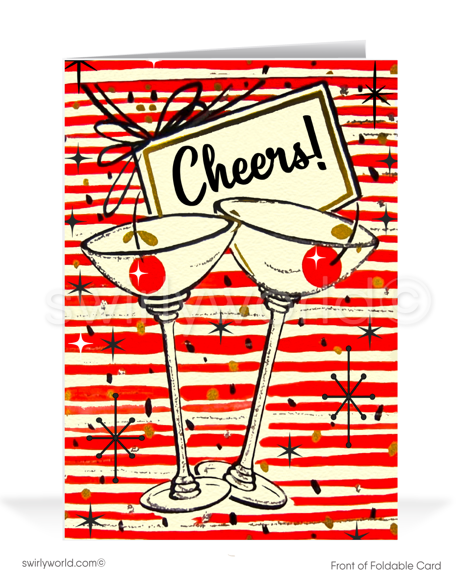 Ring in the New Year with retro elegance! Our Vintage Cherry Champagne Toast Card features stylish glasses, retro cherries, starbursts, and festive mid-century charm.