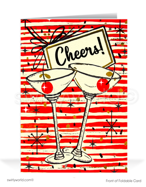 Ring in the New Year with retro elegance! Our Vintage Cherry Champagne Toast Card features stylish glasses, retro cherries, starbursts, and festive mid-century charm.