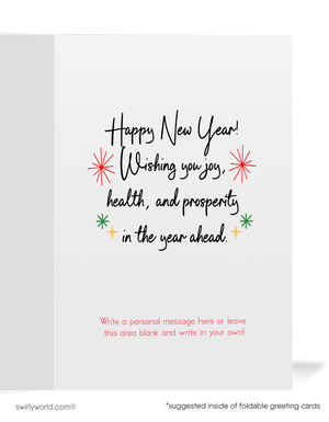 Vintage New Year’s Toast Greeting Card with Elegant Couple, Champagne Glasses, Bell Design, and Retro Starburst Charm