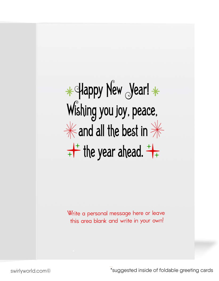 Ring in the New Year with retro charm! Our Vintage Countdown Greeting Card features Baby New Year, an antique clock, confetti, and starbursts for a nostalgic touch.