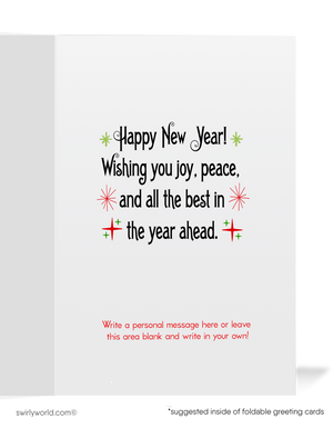 Vintage New Year’s Countdown Greeting Card with Baby New Year, Antique Clock, Confetti, and Retro Starburst Design