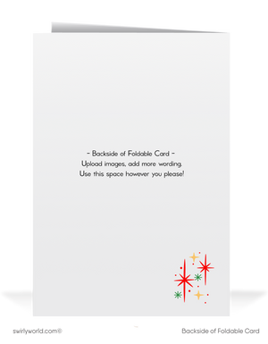 Vintage New Year’s Toast Greeting Card with Elegant Couple, Champagne Glasses, Bell Design, and Retro Starburst Charm