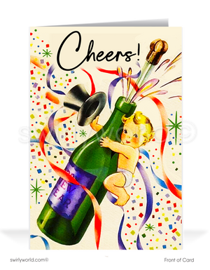 Vintage New Year’s Toast Greeting Card with Elegant Couple, Champagne Glasses, Bell Design, and Retro Starburst Charm
