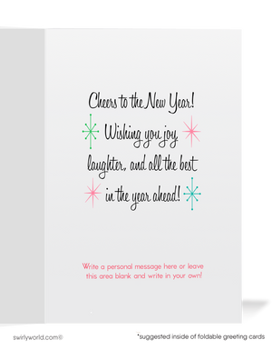 1950s Vintage Baby New Year Happy New Year Card – Retro Atomic Starbursts, Balloons, and Mid-Century Celebration Design