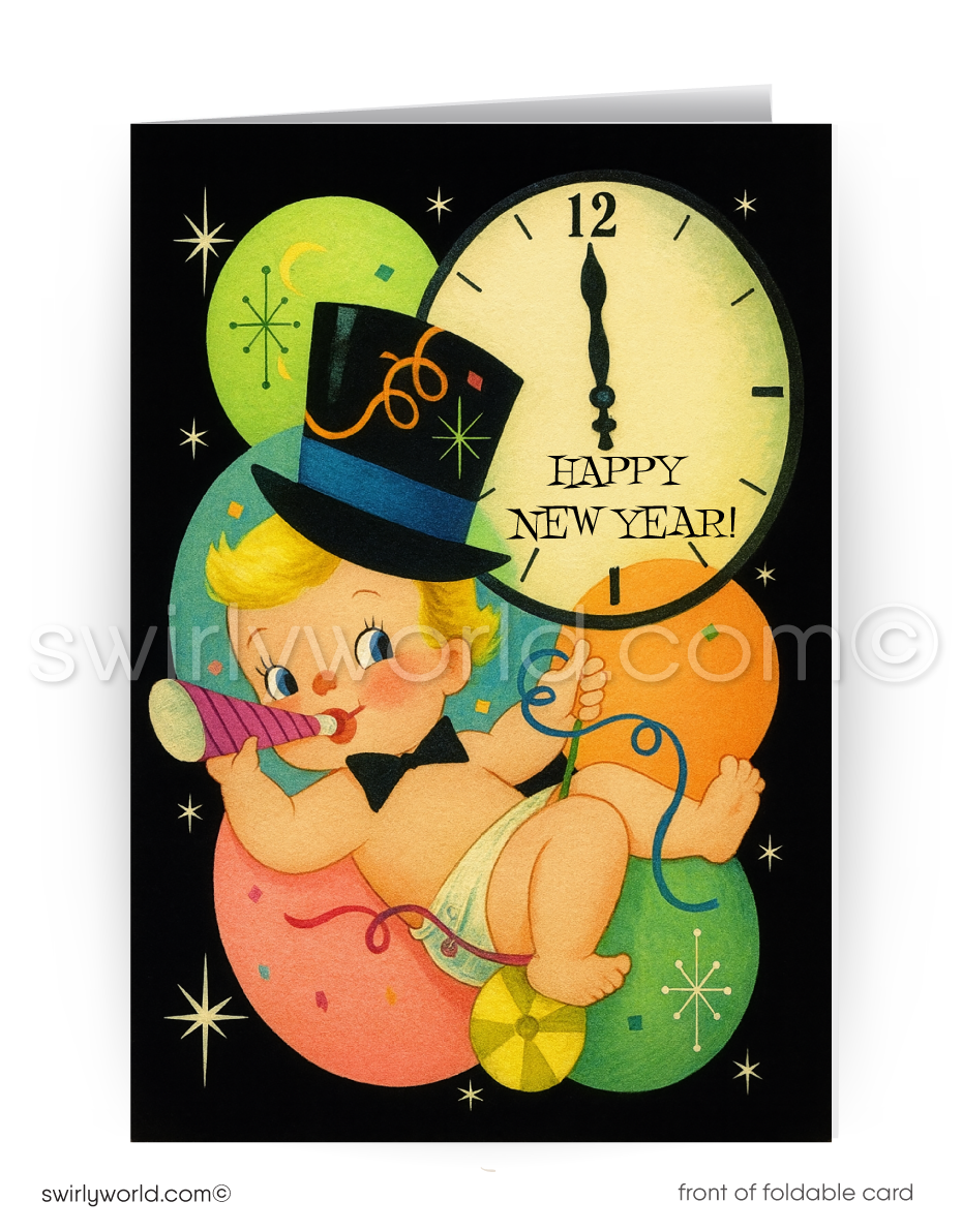 Vintage-style New Year's card with a baby in a top hat and bow tie, blowing a trumpet, surrounded by party decorations and a clock.