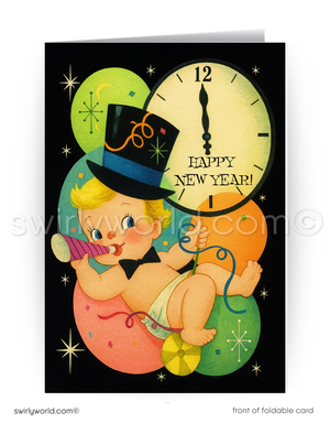 Vintage-style New Year's card with a baby in a top hat and bow tie, blowing a trumpet, surrounded by party decorations and a clock.