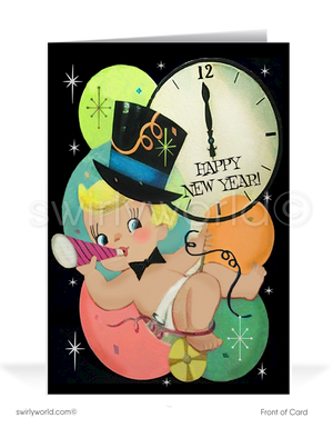 1950s Vintage Baby New Year Happy New Year Card – Retro Atomic Starbursts, Balloons, and Mid-Century Celebration Design