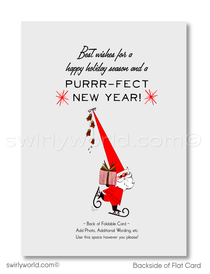 Vintage "Meowy Christmas" Card with Kitty in Santa's Sleigh, Mid-Century Modern Atomic Style