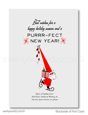 Vintage "Meowy Christmas" Card with Kitty in Santa's Sleigh, Mid-Century Modern Atomic Style