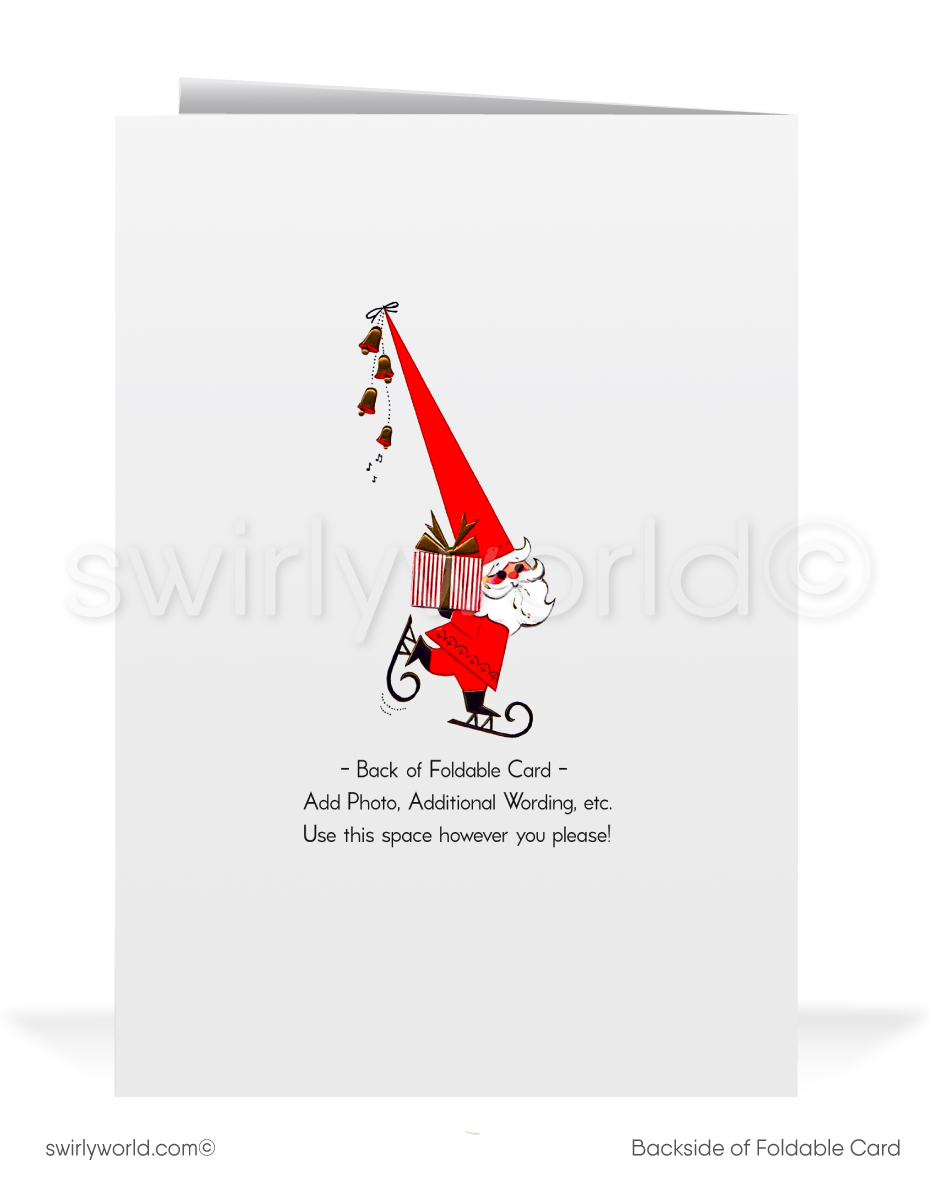 Vintage "Meowy Christmas" Card with Kitty in Santa's Sleigh, Mid-Century Modern Atomic Style