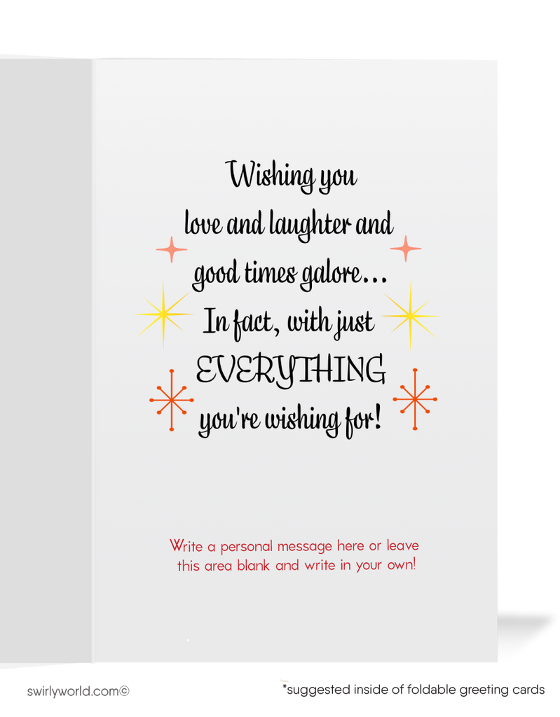 Vintage Pixie Elves New Year's Greeting Card with Hourglass, Streamers, and Retro 1940s-1950s Festive Design