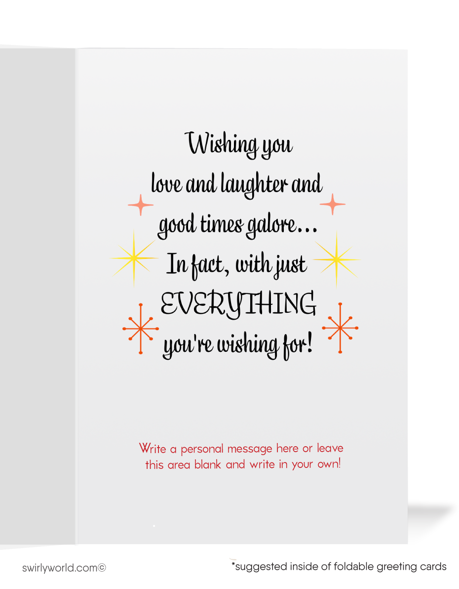 Celebrate with whimsy! Our Vintage Pixie Elves New Year's Greeting Card features dancing elves, an hourglass, streamers, and retro 1940s-1950s charm.