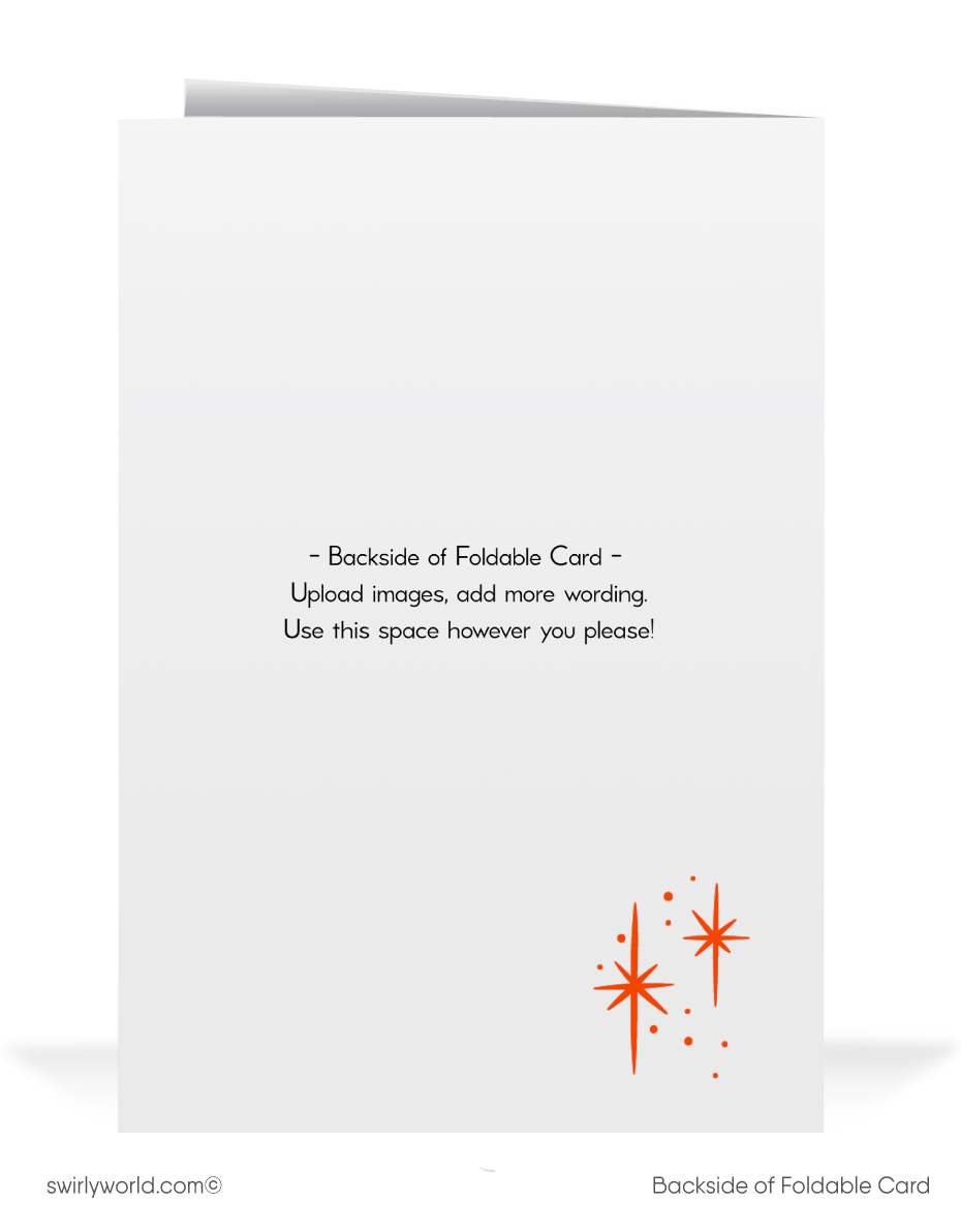 Vintage Pixie Elves New Year's Greeting Card with Hourglass, Streamers, and Retro 1940s-1950s Festive Design