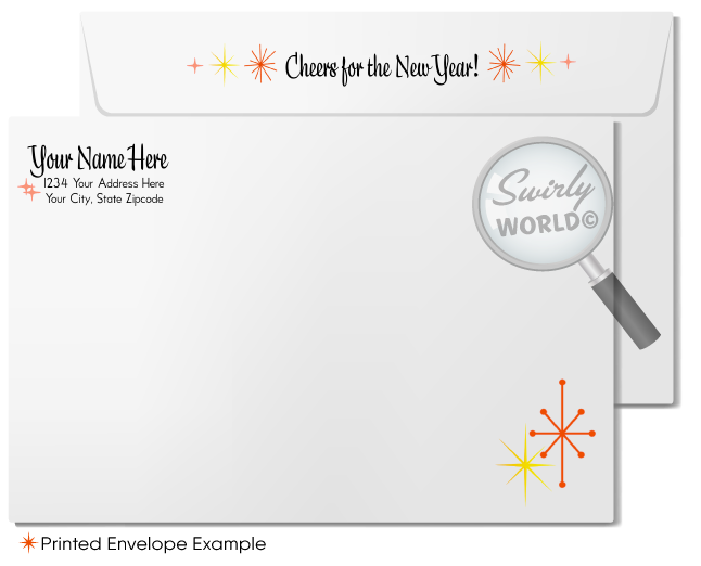 Vintage Pixie Elves New Year's Greeting Card with Hourglass, Streamers, and Retro 1940s-1950s Festive Design