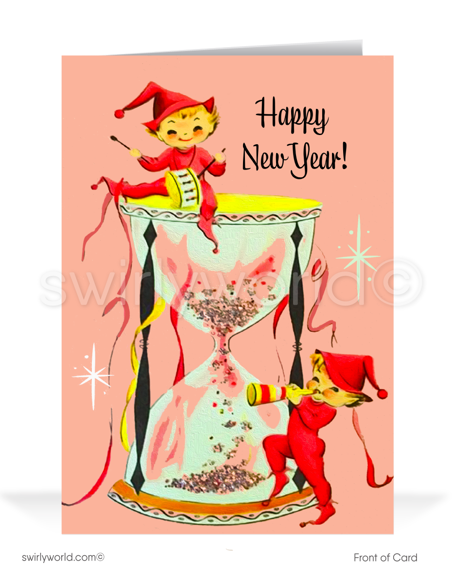 Celebrate with whimsy! Our Vintage Pixie Elves New Year's Greeting Card features dancing elves, an hourglass, streamers, and retro 1940s-1950s charm.