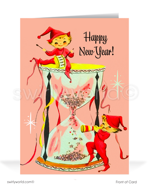 Celebrate with whimsy! Our Vintage Pixie Elves New Year's Greeting Card features dancing elves, an hourglass, streamers, and retro 1940s-1950s charm.